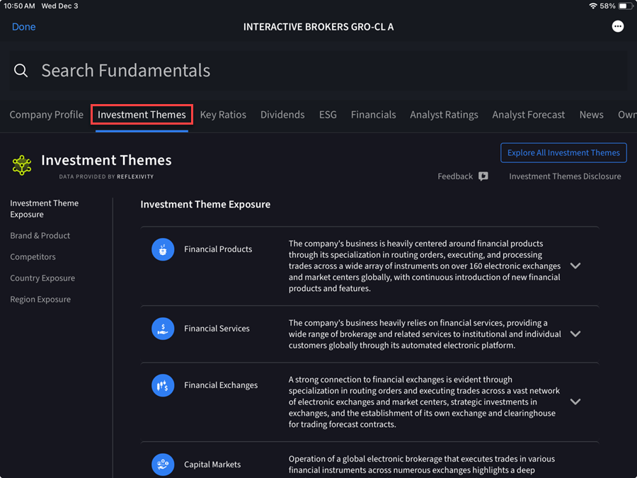 The investment themes on the iPad. 